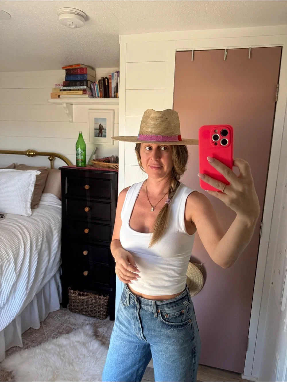 Natural Straw Sun Hat with Red and Pink Scalloped Band